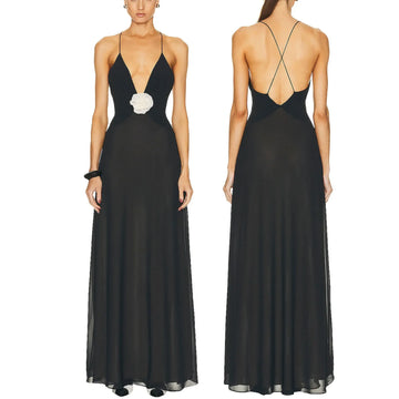 MQTIME  -  Womens Holiday Boho Summer See-through Vintage Backless Long Sundress Sleeveless Deep V Neck Flower Decor Party Dress